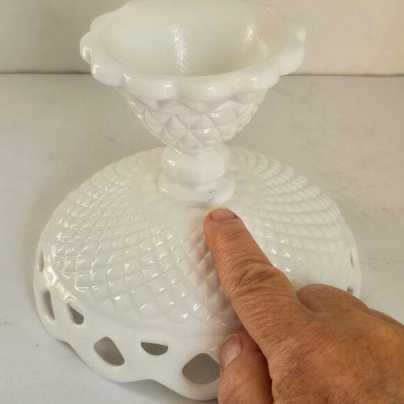 Vintage Imperial Milk Glass Compote White Reticulate Lace Edge Diamond Point - Picture 8 of 11